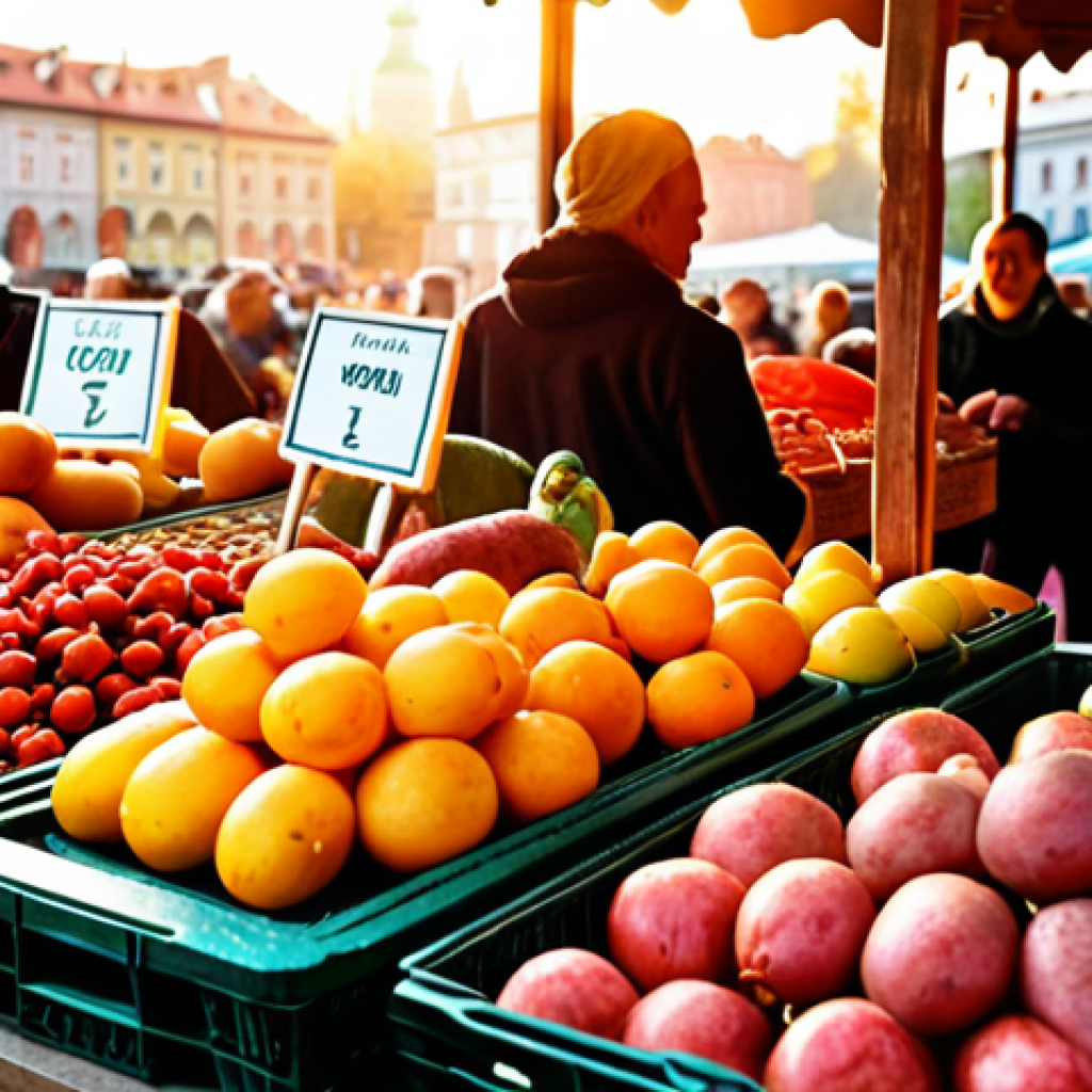 **Image Prompt:** A vibrant farmers market in Krakow, overflowing with fresh, seasonal Polish produce. Focus on close-ups of colorful fruits, vegetables, artisanal cheeses, and traditionally smoked meats. Happy shoppers interact with local farmers, creating a sense of community and connection to the food source. Golden hour lighting.