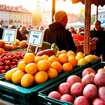 **Image Prompt:** A vibrant farmers market in Krakow, overflowing with fresh, seasonal Polish produce. Focus on close-ups of colorful fruits, vegetables, artisanal cheeses, and traditionally smoked meats. Happy shoppers interact with local farmers, creating a sense of community and connection to the food source. Golden hour lighting.
