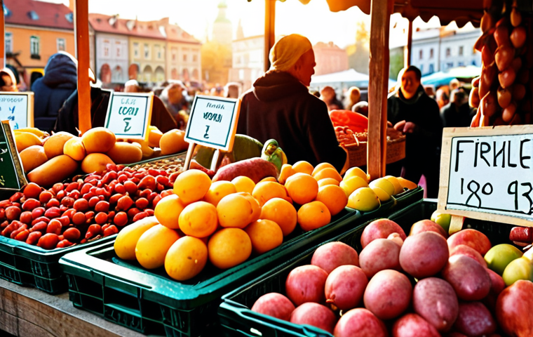 **Image Prompt:** A vibrant farmers market in Krakow, overflowing with fresh, seasonal Polish produce. Focus on close-ups of colorful fruits, vegetables, artisanal cheeses, and traditionally smoked meats. Happy shoppers interact with local farmers, creating a sense of community and connection to the food source. Golden hour lighting.