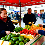 ** A bustling farmers market in Krakow, Poland. Focus on colorful, fresh produce displayed by local farmers. Include people interacting, tasting cheese, and generally enjoying the community atmosphere. Emphasis on the "slow food" concept.

**