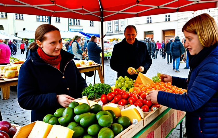 ** A bustling farmers market in Krakow, Poland. Focus on colorful, fresh produce displayed by local farmers. Include people interacting, tasting cheese, and generally enjoying the community atmosphere. Emphasis on the "slow food" concept.
**
