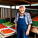 A proud elderly Polish farmer, male, with a warm, genuine smile, wearing a modest, traditional plaid shirt and sturdy trousers. He stands behind a rustic wooden stall overflowing with vibrant, perfectly ripe "Malinowe Warszawskie" tomatoes and other authentic Polish regional produce. The setting is a bustling, sun-drenched local market in Krakow, with other vendors and blurred marketgoers in the background, creating a lively community atmosphere. The focus is on the rich colors and textures of the fresh, wholesome food. Fully clothed, appropriate attire, professional dress, natural pose, perfect anatomy, correct proportions, well-formed hands, proper finger count, natural body proportions, professional photography, high quality, safe for work, appropriate content, family-friendly, modest.