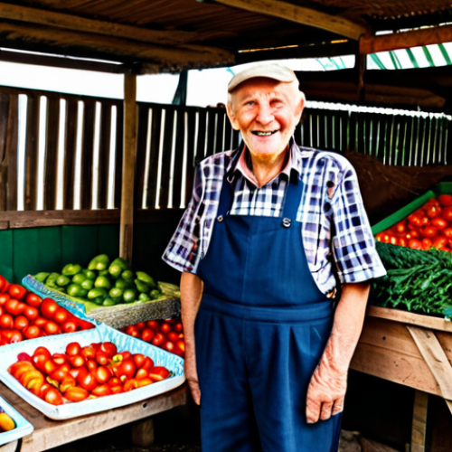 A proud elderly Polish farmer, male, with a warm, genuine smile, wearing a modest, traditional plaid shirt and sturdy trousers. He stands behind a rustic wooden stall overflowing with vibrant, perfectly ripe "Malinowe Warszawskie" tomatoes and other authentic Polish regional produce. The setting is a bustling, sun-drenched local market in Krakow, with other vendors and blurred marketgoers in the background, creating a lively community atmosphere. The focus is on the rich colors and textures of the fresh, wholesome food. Fully clothed, appropriate attire, professional dress, natural pose, perfect anatomy, correct proportions, well-formed hands, proper finger count, natural body proportions, professional photography, high quality, safe for work, appropriate content, family-friendly, modest.