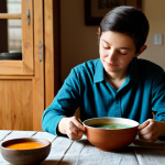 A person in modest, comfortable attire, sitting peacefully at a rustic wooden dining table, gently holding a spoon over a steaming bowl of homemade soup. The person's gaze is focused on the food with an expression of quiet appreciation and mindfulness. The setting is a warm, inviting dining room, bathed in soft, natural light, with a simply set table featuring a clean tablecloth and a single ceramic bowl. This image conveys a moment of slow living and mindful eating. professional photography, high detail, perfect anatomy, correct proportions, natural pose, well-formed hands, proper finger count, natural body proportions, safe for work, appropriate content, fully clothed, family-friendly.