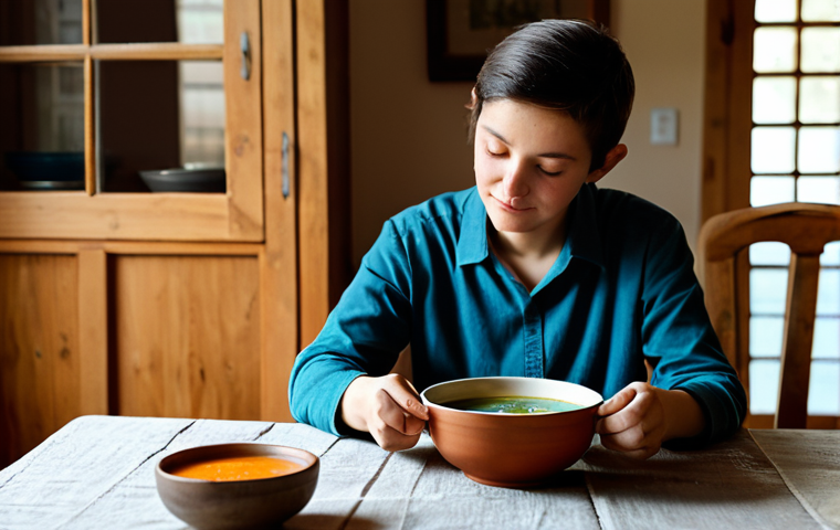 A person in modest, comfortable attire, sitting peacefully at a rustic wooden dining table, gently holding a spoon over a steaming bowl of homemade soup. The person's gaze is focused on the food with an expression of quiet appreciation and mindfulness. The setting is a warm, inviting dining room, bathed in soft, natural light, with a simply set table featuring a clean tablecloth and a single ceramic bowl. This image conveys a moment of slow living and mindful eating. professional photography, high detail, perfect anatomy, correct proportions, natural pose, well-formed hands, proper finger count, natural body proportions, safe for work, appropriate content, fully clothed, family-friendly.
