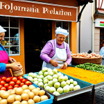 **

"A bustling regional food market in Poland, overflowing with colorful produce, cheeses, sausages, and honey. Vendors in traditional folk costumes are smiling and interacting with customers. In the background, traditional Polish architecture can be seen. fully clothed, appropriate attire, safe for work, perfect anatomy, natural proportions, professional food photography, high quality, family-friendly"

**