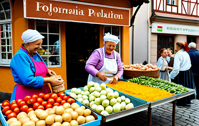 **
"A bustling regional food market in Poland, overflowing with colorful produce, cheeses, sausages, and honey. Vendors in traditional folk costumes are smiling and interacting with customers. In the background, traditional Polish architecture can be seen. fully clothed, appropriate attire, safe for work, perfect anatomy, natural proportions, professional food photography, high quality, family-friendly"
**