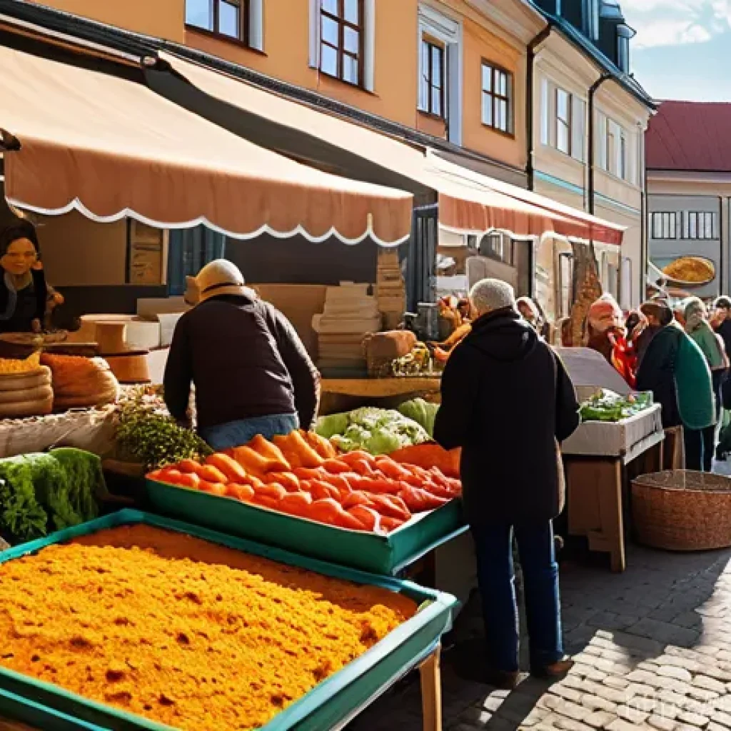 슬로우 푸드와 문화적 다양성 - A bustling, vibrant Polish farmer's market scene on a sunny autumn day. Stalls are overflowing with ...