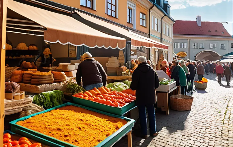 슬로우 푸드와 문화적 다양성 - A bustling, vibrant Polish farmer's market scene on a sunny autumn day. Stalls are overflowing with ...