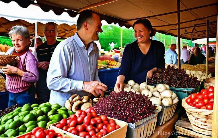 슬로우 푸드 운동의 역사적 배경 - Image Prompt 1: Vibrant Polish Farmer's Market - "Good, Clean, Fair, Local" Abundance**