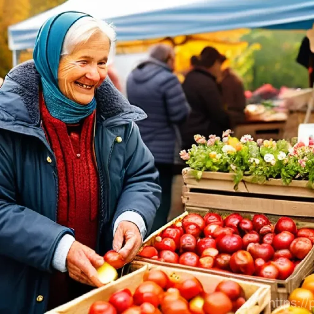 슬로우 푸드 마케팅 전략 - **Prompt:** A vibrant and bustling Polish farmers' market scene on a sunny autumn day in Kraków's St...