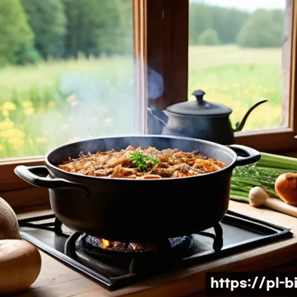 슬로우 푸드와 세계 각국의 전통 요리 - A rustic Polish kitchen scene featuring a steaming pot of traditional Bigos stew simmering on an old...