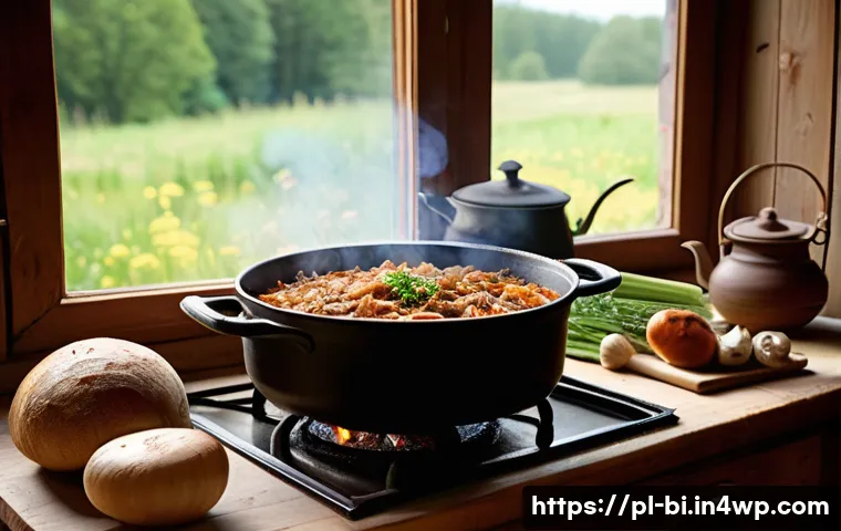 슬로우 푸드와 세계 각국의 전통 요리 - A rustic Polish kitchen scene featuring a steaming pot of traditional Bigos stew simmering on an old...