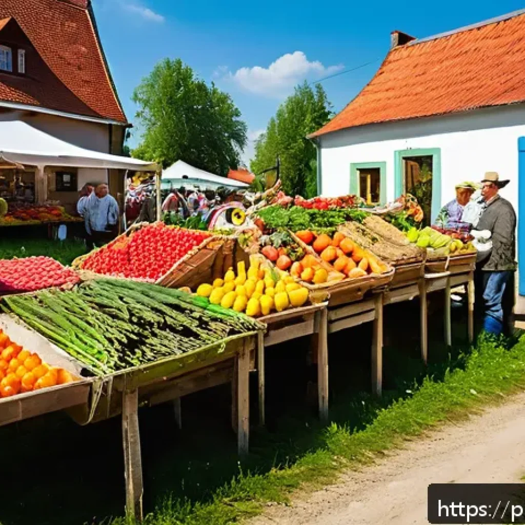 슬로우 푸드와 환경 보호의 관계 - A vibrant local farmer’s market scene in a Polish village, showcasing diverse fresh seasonal fruits ...