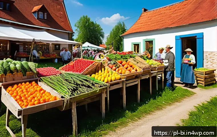 슬로우 푸드와 환경 보호의 관계 - A vibrant local farmer’s market scene in a Polish village, showcasing diverse fresh seasonal fruits ...