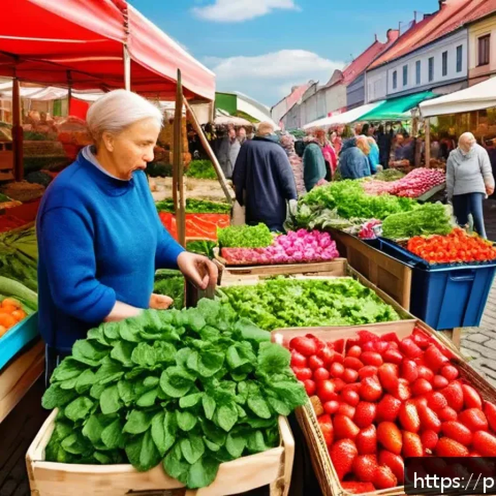 슬로우 푸드와 소비자 행동 분석 - A vibrant Polish farmer’s market scene in spring, featuring colorful stalls overflowing with fresh, ...
