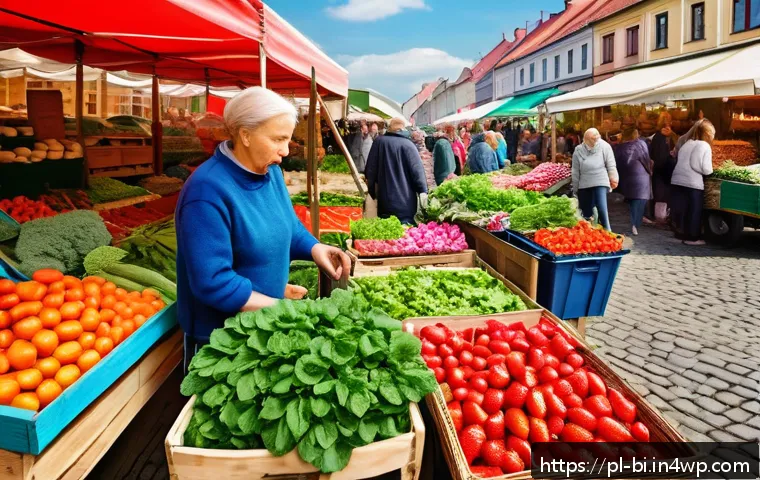 슬로우 푸드와 소비자 행동 분석 - A vibrant Polish farmer’s market scene in spring, featuring colorful stalls overflowing with fresh, ...