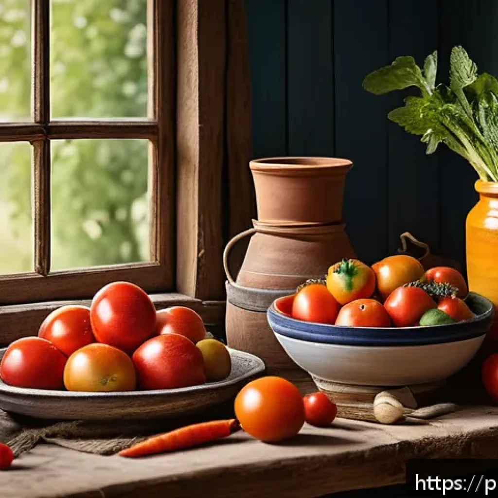 슬로우 푸드와 대중문화의 만남 - A vibrant still life painting showcasing a rustic wooden table filled with fresh, local Polish veget...
