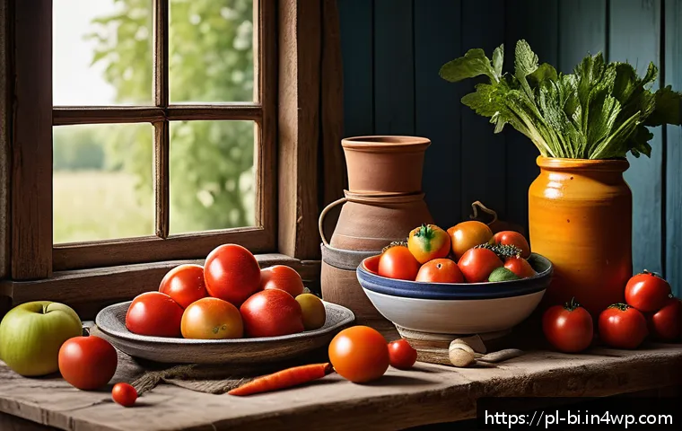 슬로우 푸드와 대중문화의 만남 - A vibrant still life painting showcasing a rustic wooden table filled with fresh, local Polish veget...