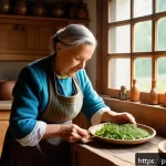 Home 22 슬로우 푸드 관련 팟캐스트 추천 - A cozy rustic Polish kitchen scene featuring a middle-aged woman in traditional attire preparing a r...