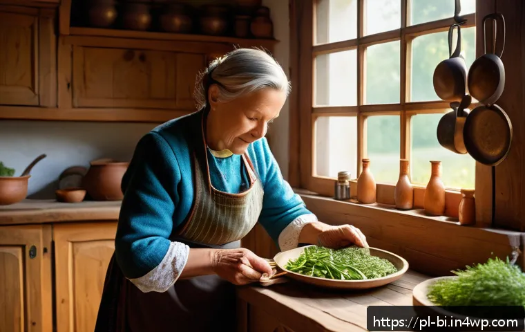 슬로우 푸드 관련 팟캐스트 추천 - A cozy rustic Polish kitchen scene featuring a middle-aged woman in traditional attire preparing a r...