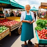 Home 21 슬로우 푸드와 음식 안전 - A vibrant Polish local farmers' market scene in spring, showcasing fresh seasonal fruits and vegetab...