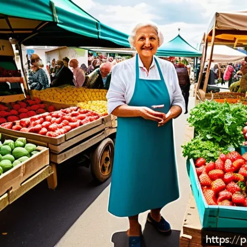 Home 33 슬로우 푸드와 음식 안전 - A vibrant Polish local farmers' market scene in spring, showcasing fresh seasonal fruits and vegetab...