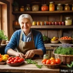 Home 20 슬로우 푸드의 기본 원칙 이해하기 - A cozy Polish countryside kitchen scene featuring a middle-aged person selecting fresh, vibrant seas...