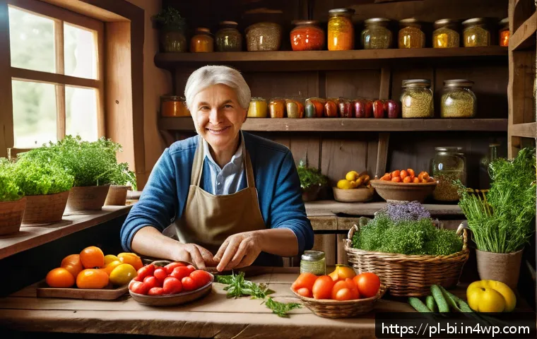 슬로우 푸드의 기본 원칙 이해하기 - A cozy Polish countryside kitchen scene featuring a middle-aged person selecting fresh, vibrant seas...