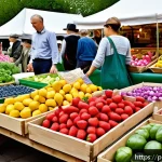 Home 19 슬로우 푸드와 윤리적 소비 - A vibrant local farmers market scene in Poland during spring, showcasing fresh seasonal vegetables l...