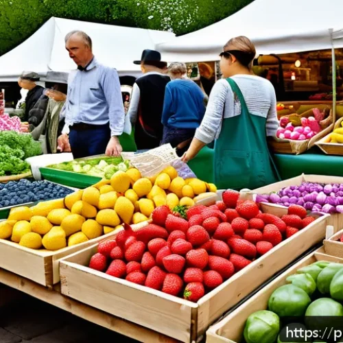 Home 31 슬로우 푸드와 윤리적 소비 - A vibrant local farmers market scene in Poland during spring, showcasing fresh seasonal vegetables l...