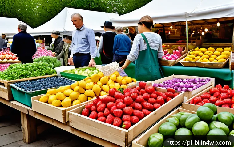 슬로우 푸드와 윤리적 소비 - A vibrant local farmers market scene in Poland during spring, showcasing fresh seasonal vegetables l...