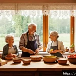 Home 18 슬로우 푸드와 대항 문화의 중요성 - A cozy Polish countryside kitchen scene showcasing a family of three generations preparing tradition...