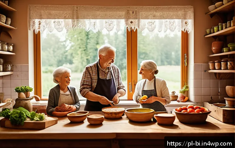 슬로우 푸드와 대항 문화의 중요성 - A cozy Polish countryside kitchen scene showcasing a family of three generations preparing tradition...