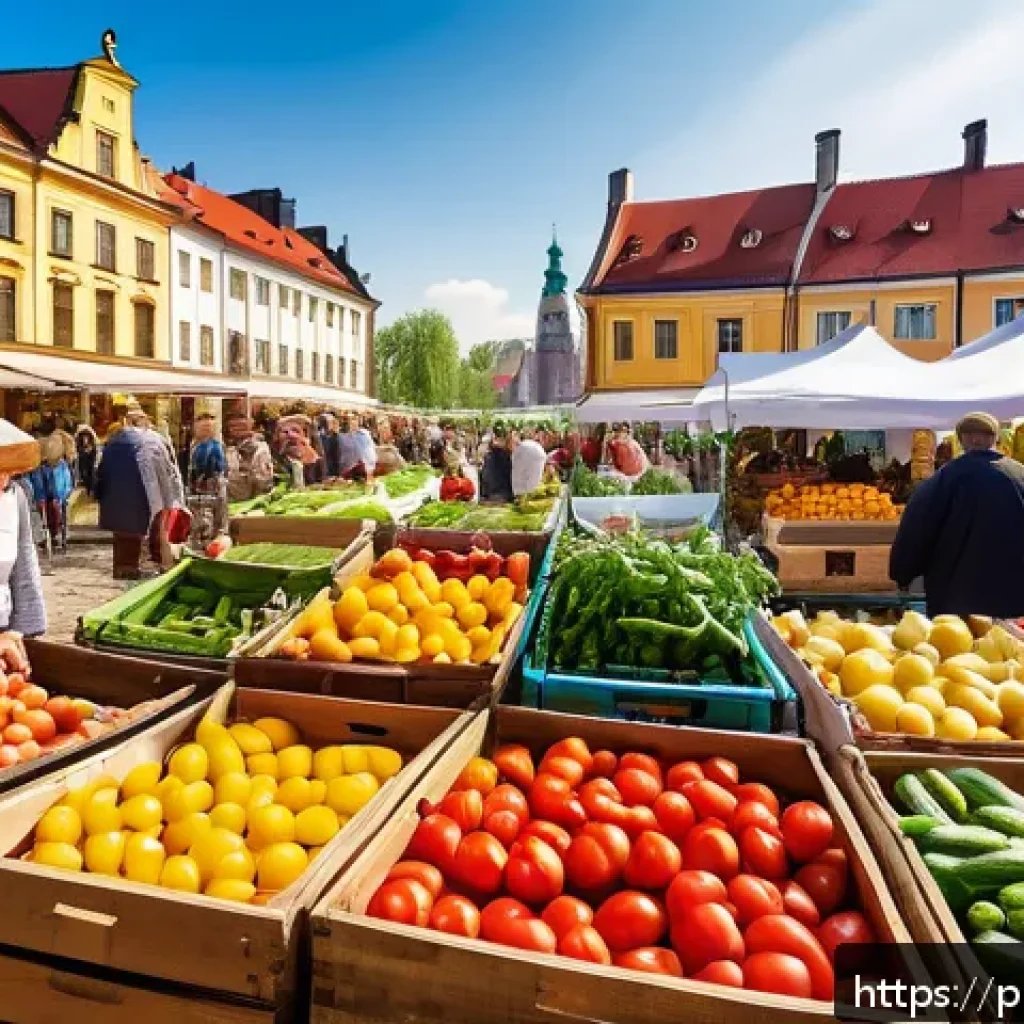 슬로우 푸드를 통한 건강한 삶 - A vibrant Polish farmers’ market scene in spring, featuring stalls overflowing with fresh, seasonal ...