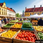 Home 23 슬로우 푸드를 통한 건강한 삶 - A vibrant Polish farmers’ market scene in spring, featuring stalls overflowing with fresh, seasonal ...
