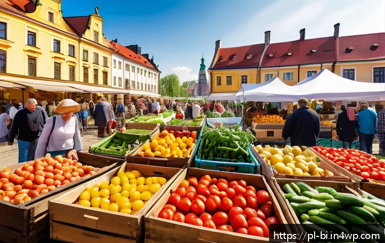 슬로우 푸드를 통한 건강한 삶 - A vibrant Polish farmers&rsquo; market scene in spring, featuring stalls overflowing with fresh, seasonal ...
