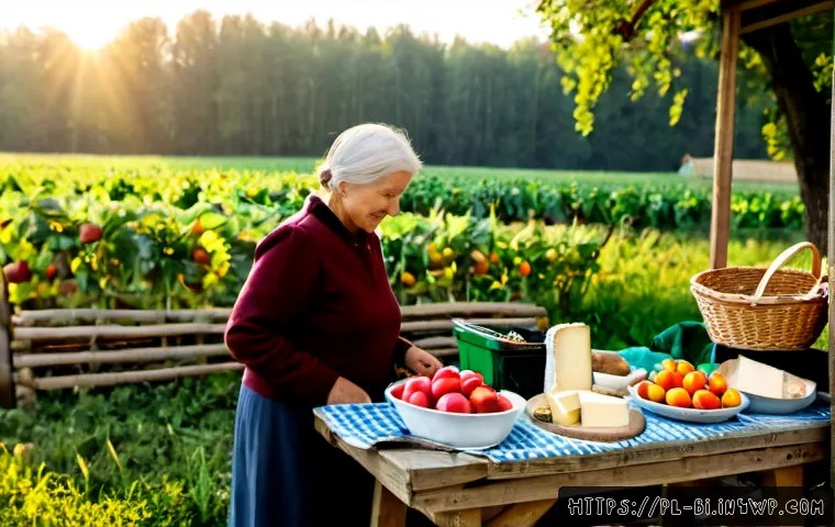 Home 17 슬로우 푸드와 지역 농산물의 관계 - Photorealistic early-morning farmers’ market in rural Poland, a friendly older woman selecting seaso...