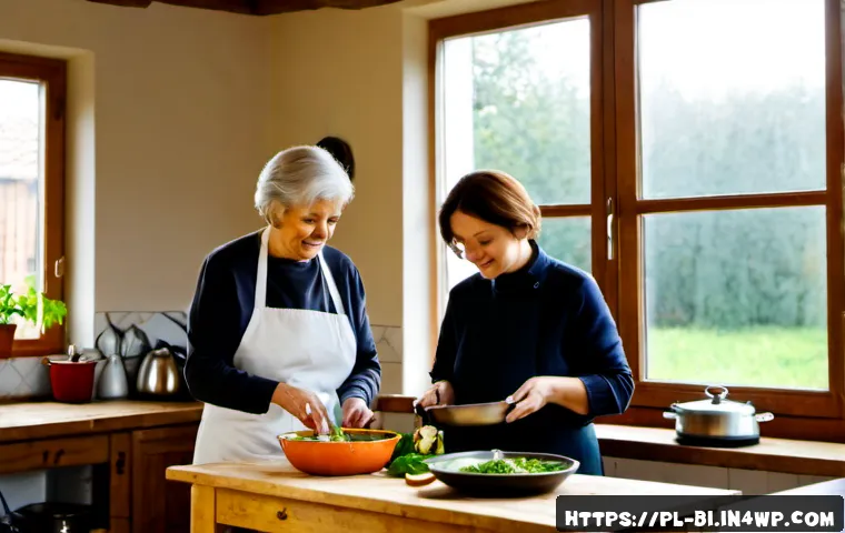 Home 17 슬로우 푸드 문화가 건강에 미치는 영향 - Photorealistic warm family kitchen in Poland, an older woman and adult daughter preparing a slow foo...