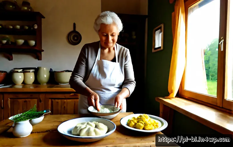 Home 17 슬로우 푸드 레시피 추천 - Photorealistic slow food recipe scene in a cozy Polish country kitchen, an older woman and her adult...